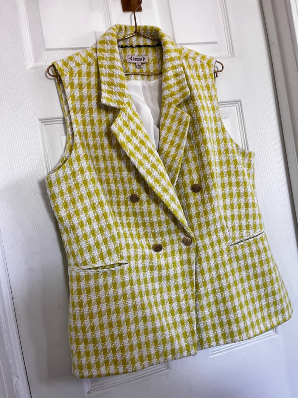 Nanette Lepore Lime and White Houndstooth Sleeveless Blazer Vest - Picture 4 of 11
